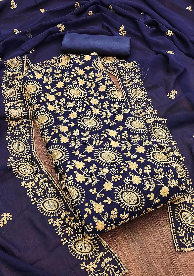 Navy Blue Ethnic Motifs Embroidered Silk Georgette Kurta Set