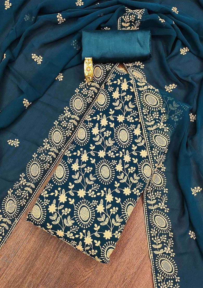 Teal Blue Floral Embroidered Silk Georgette Kurta Set