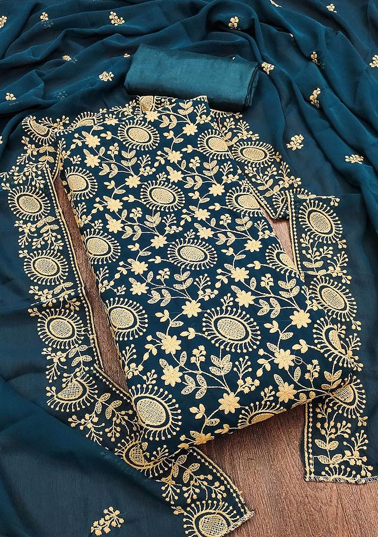 Teal Blue Floral Embroidered Silk Georgette Kurta Set