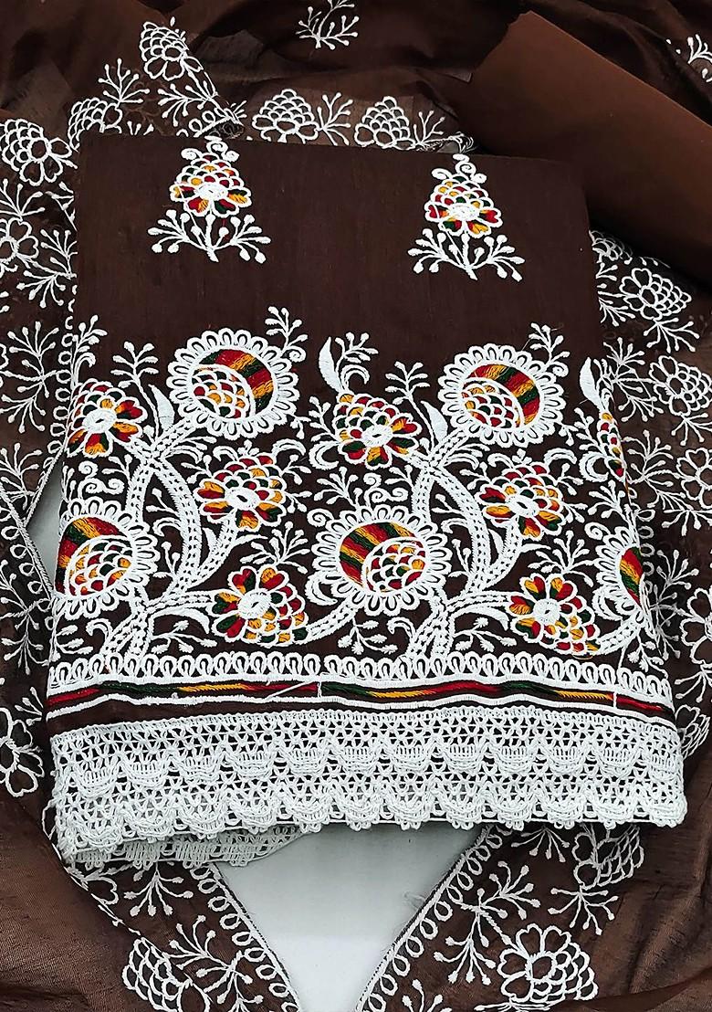 Coffee Brown Ethnic Motifs Embroidered Poly Blend Kurta Set