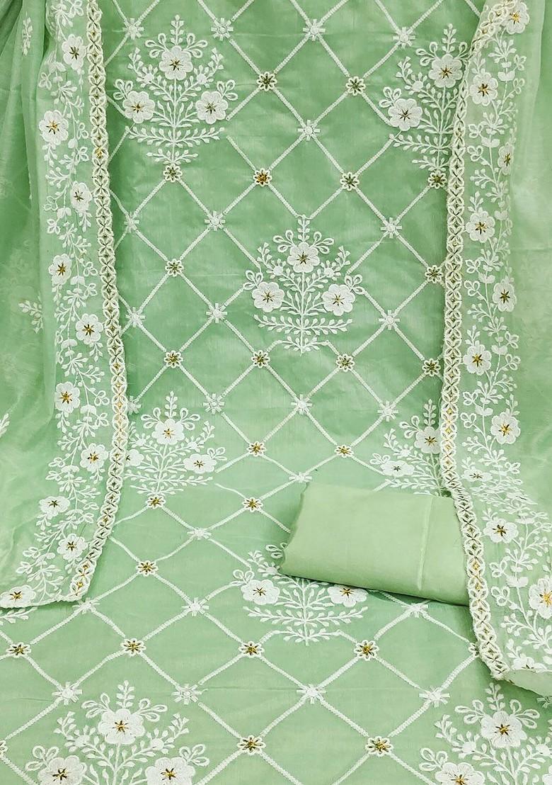 Green Floral Embroidered Poly Blend Kurta Set