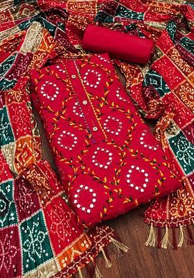 Red Floral Embroidered Poly Blend Kurta Set