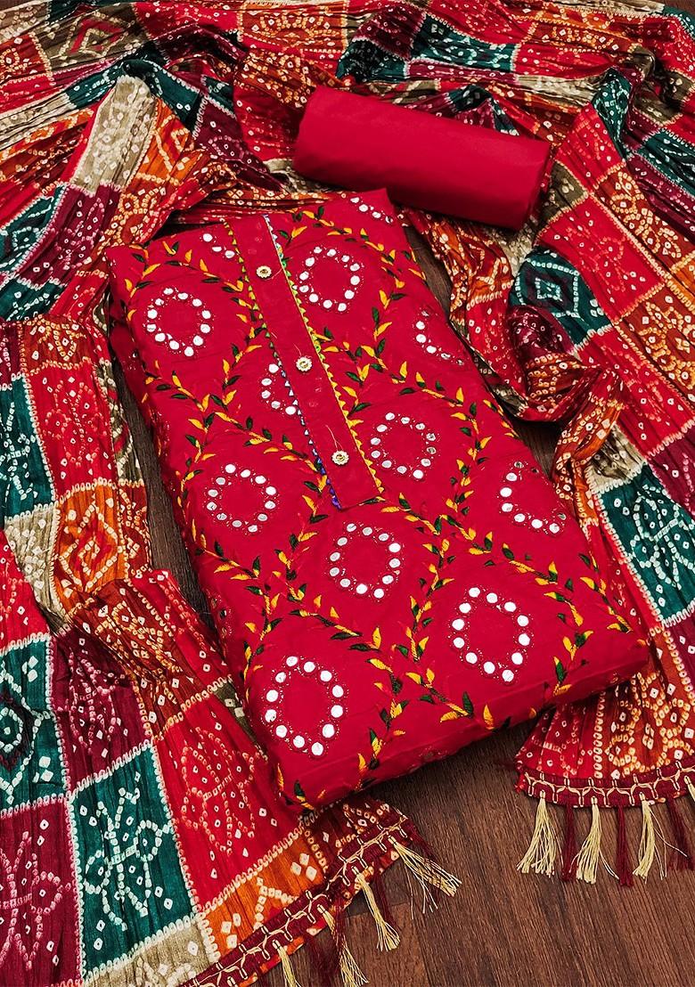 Red Floral Embroidered Poly Blend Kurta Set