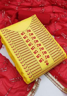 Yellow Embroidered Poly Blend Kurta Set