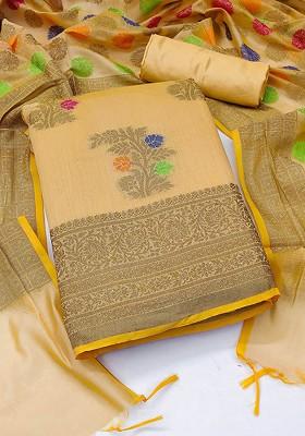 Beige Ethnic Motifs Woven Poly Blend Kurta Set