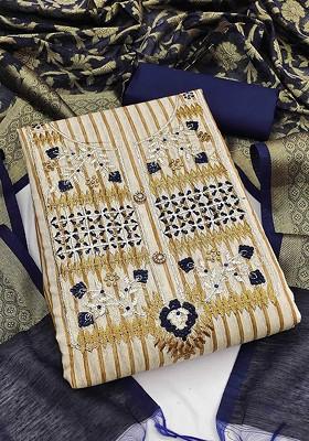 Beige Floral Embroidered Poly Blend Kurta Set