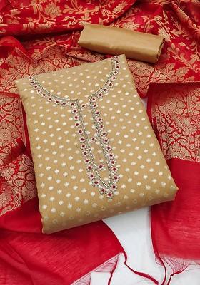 Beige Ethnic Motifs Woven Poly Blend Kurta Set