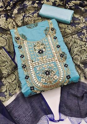 Sea Green Floral Embroidered Poly Blend Kurta Set