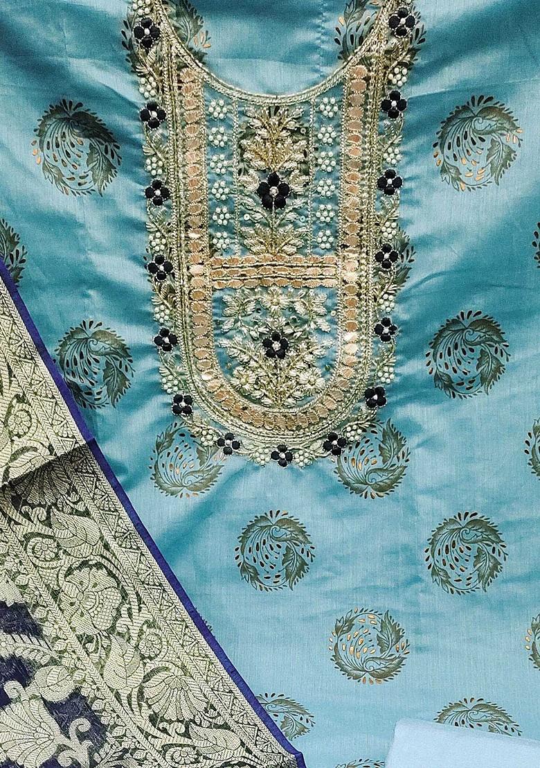 Sea Green Floral Embroidered Poly Blend Kurta Set