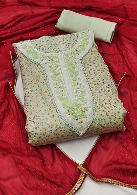 Olive Green Floral Print Organza Kurta Set