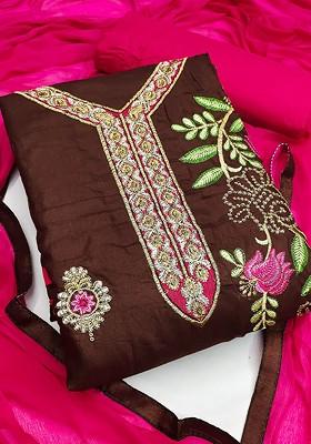 Brown Floral Embroidered Poly Blend Kurta Set