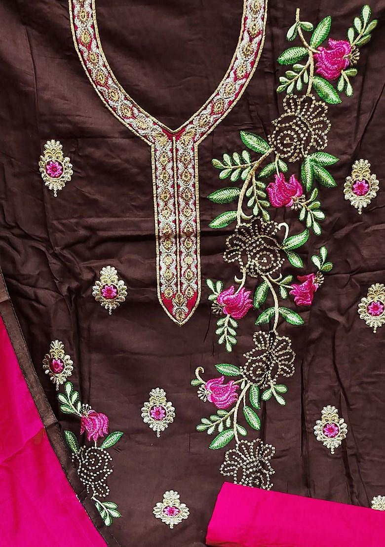 Brown Floral Embroidered Poly Blend Kurta Set