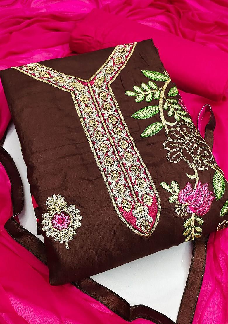 Brown Floral Embroidered Poly Blend Kurta Set