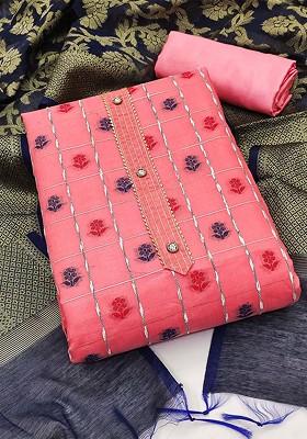 Peach Floral Woven Design Poly Blend Kurta Set