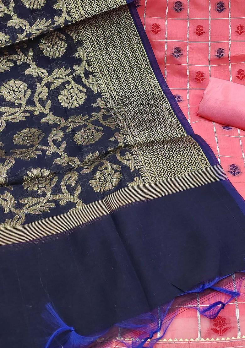 Peach Floral Woven Design Poly Blend Kurta Set