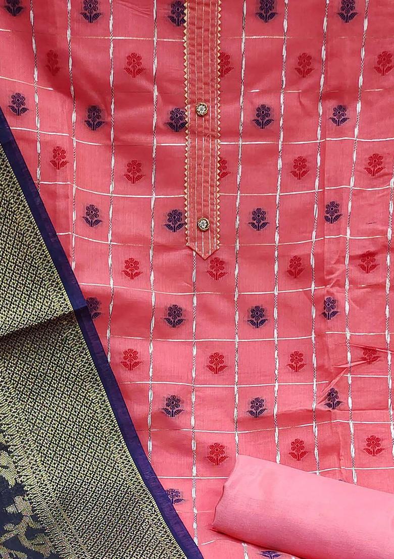 Peach Floral Woven Design Poly Blend Kurta Set