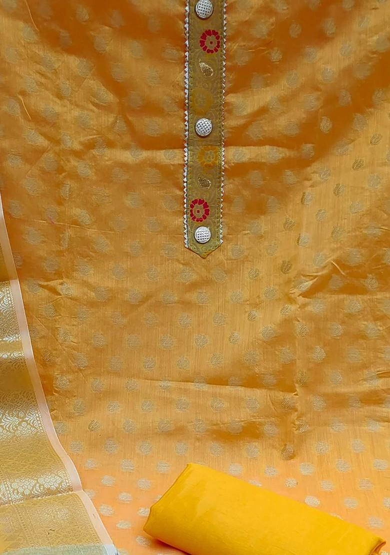 Yellow Ethnic Motifs Woven Poly Blend Kurta Set