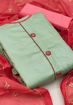 Olive Green Floral Embroidered Poly Blend Kurta Set