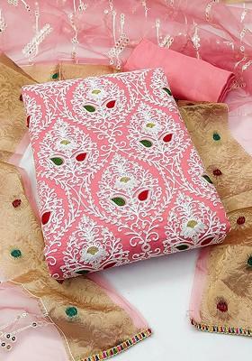 Pink Ethnic Motifs Embroidered Poly Blend Kurta Set