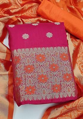 Pink Ethnic Motifs Woven Poly Blend Kurta Set