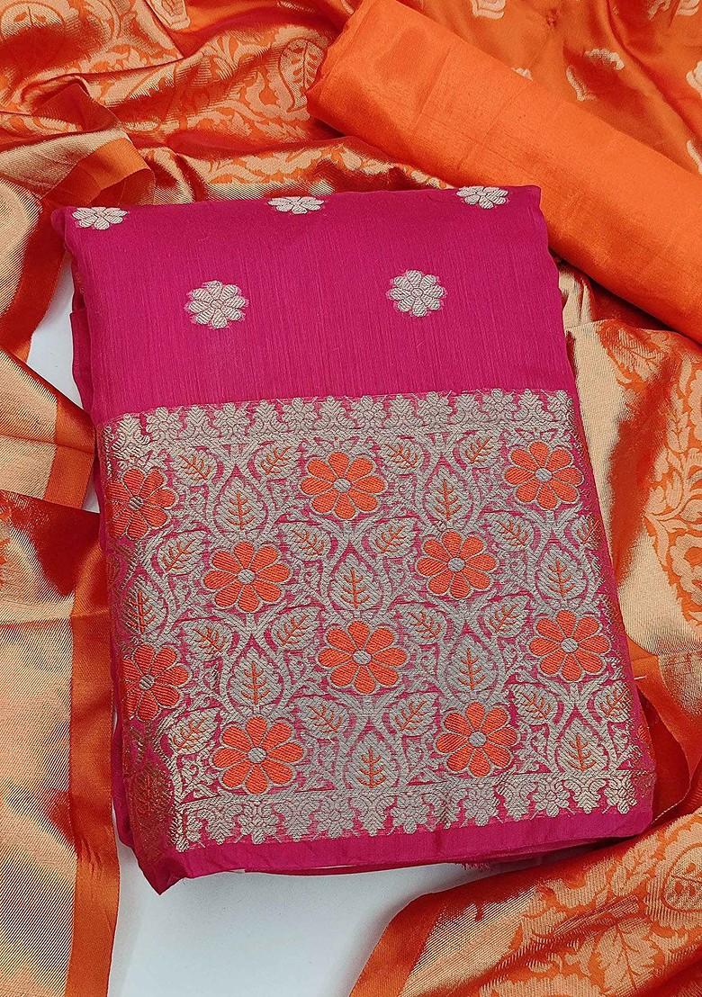 Pink Ethnic Motifs Woven Poly Blend Kurta Set