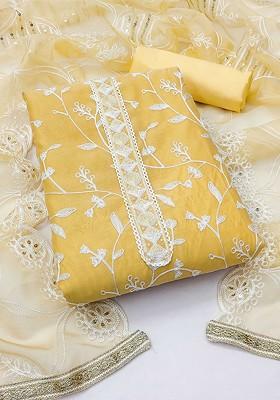 Yellow Floral Embroidered Poly Blend Kurta Set