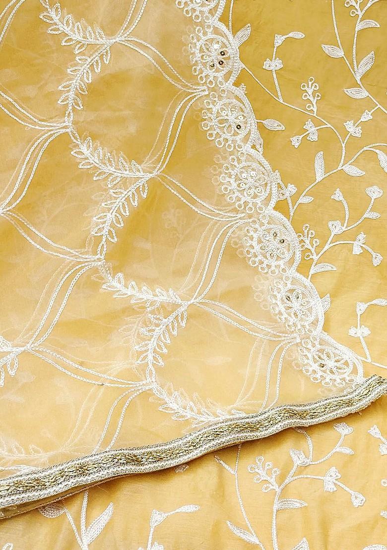 Yellow Floral Embroidered Poly Blend Kurta Set