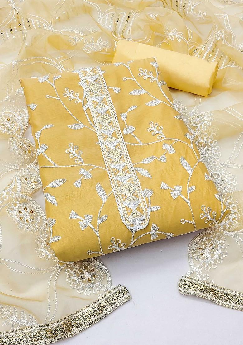Yellow Floral Embroidered Poly Blend Kurta Set