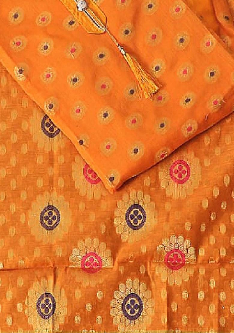 Yellow Ethnic Motifs Woven Poly Blend Kurta Set