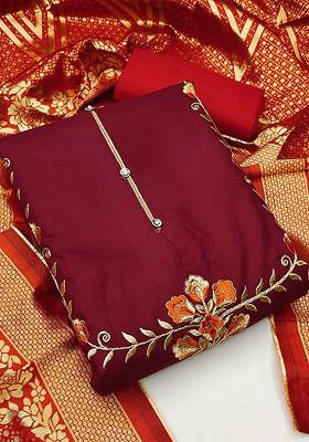 Maroon Floral Embroidered Poly Blend Kurta Set