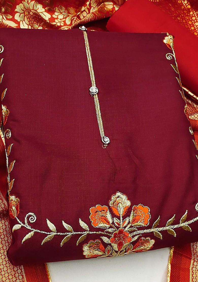Maroon Floral Embroidered Poly Blend Kurta Set