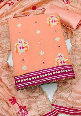 Peach Ethnic Motifs Woven Poly Blend Kurta Set