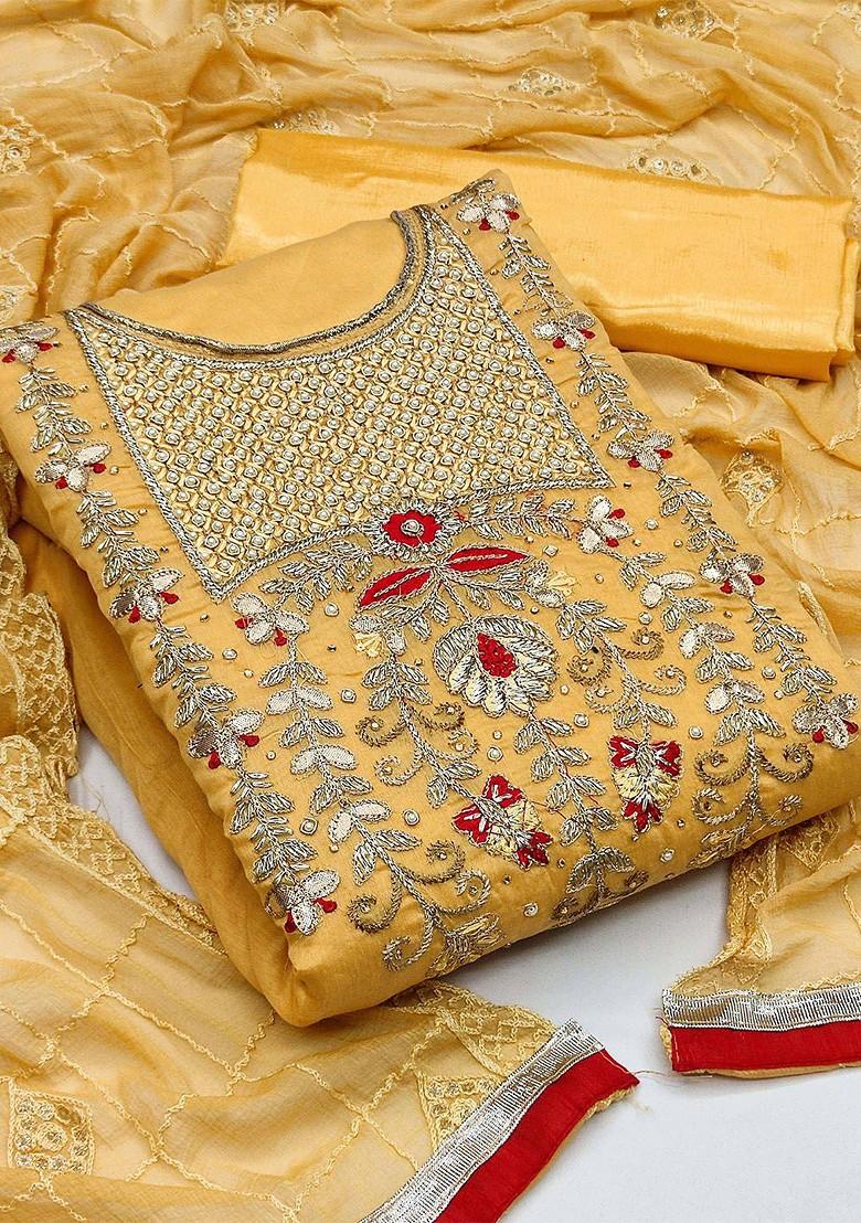 Yellow Floral Embroidered Poly Blend Kurta Set