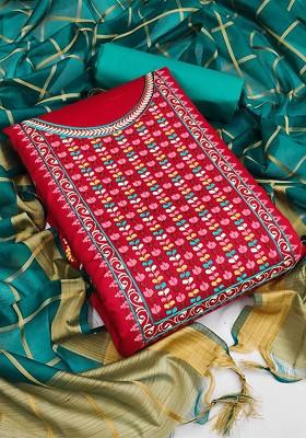 Red Floral Embroidered Poly Blend Kurta Set