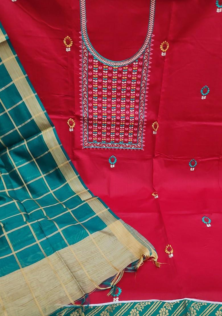 Red Floral Embroidered Poly Blend Kurta Set