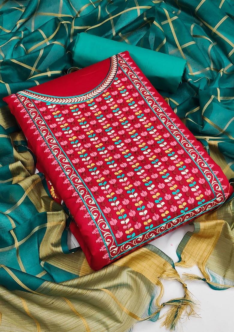 Red Floral Embroidered Poly Blend Kurta Set