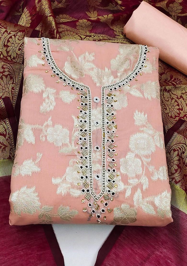 Peach Floral Woven Design Poly Blend Kurta Set