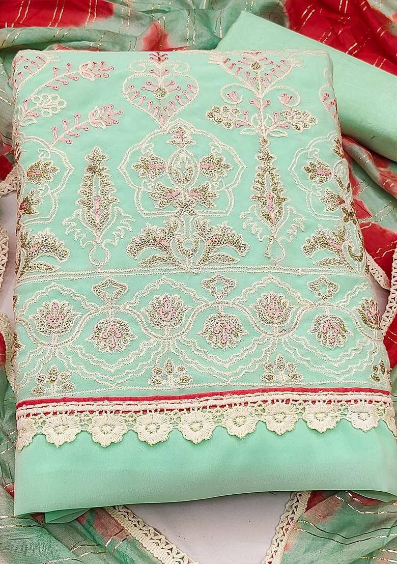 Sea Green Ethnic Motifs Embroidered Poly Blend Kurta Set