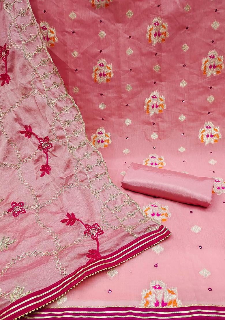 Pink Floral Woven Design Poly Blend Kurta Set