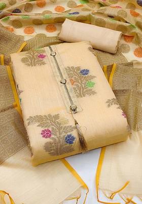 Beige Ethnic Motifs Woven Poly Blend Kurta Set