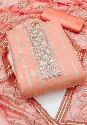 Peach Ethnic Motifs Woven Poly Blend Kurta Set