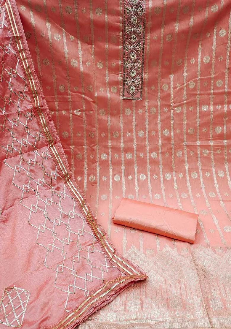 Peach Ethnic Motifs Woven Poly Blend Kurta Set