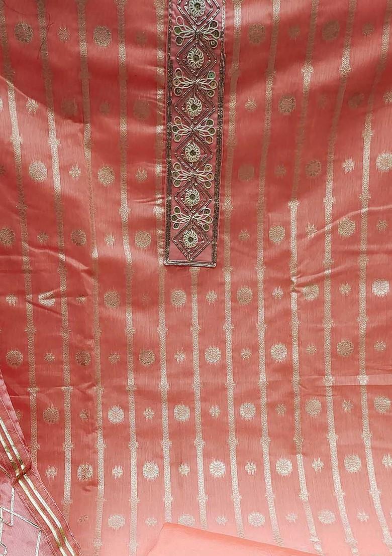 Peach Ethnic Motifs Woven Poly Blend Kurta Set