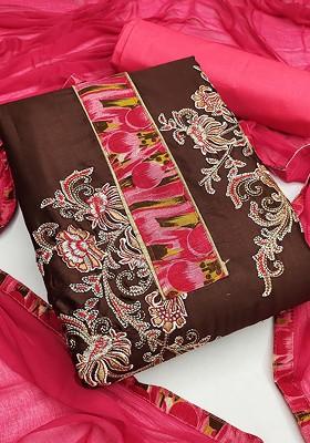 Brown Floral Embroidered Poly Blend Kurta Set