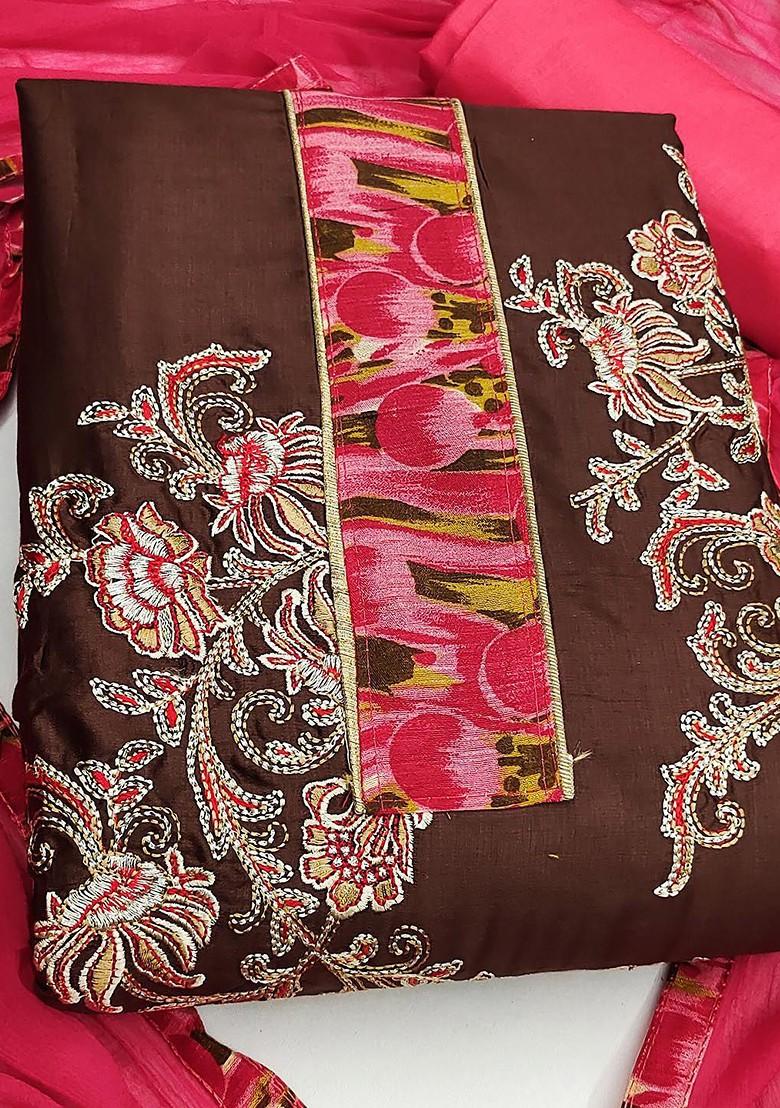 Brown Floral Embroidered Poly Blend Kurta Set