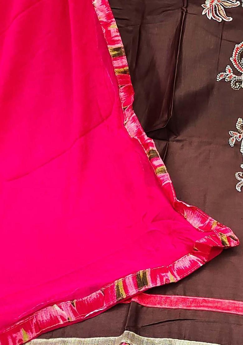 Brown Floral Embroidered Poly Blend Kurta Set
