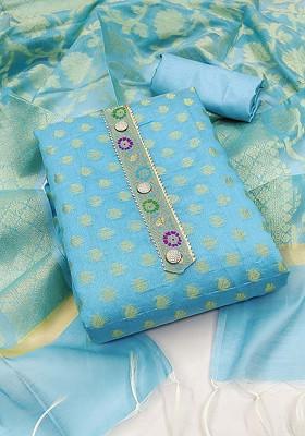 Turquoise Blue Ethnic Motifs Woven Banarasi Jacquard Kurta Set