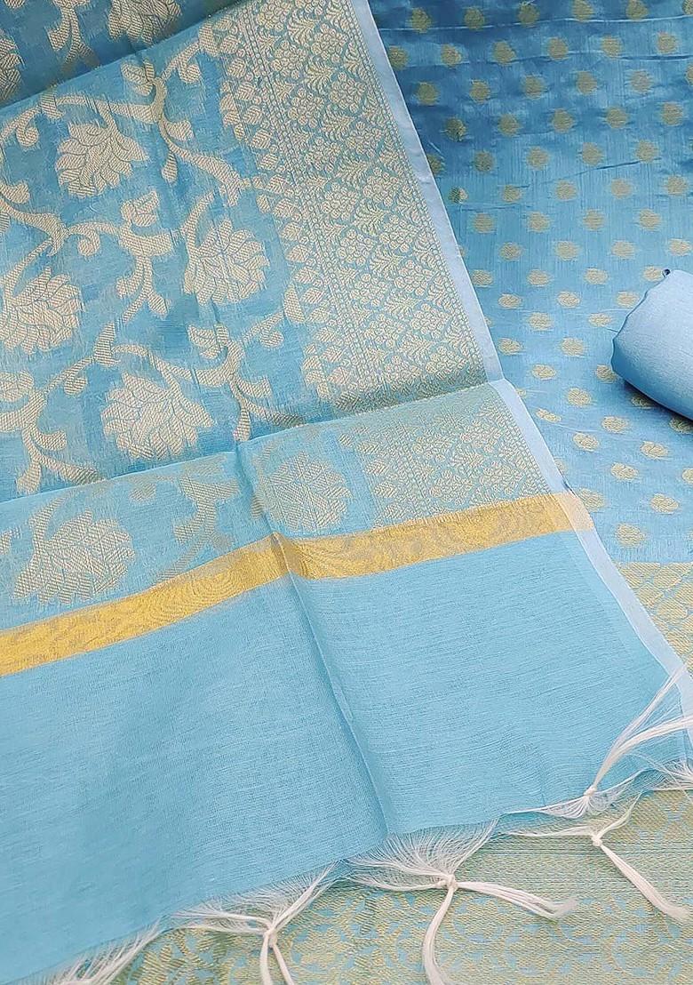 Turquoise Blue Ethnic Motifs Woven Banarasi Jacquard Kurta Set