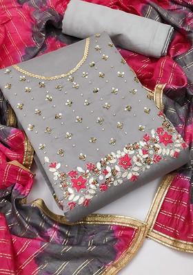 Grey Floral Embroidered Poly Blend Kurta Set