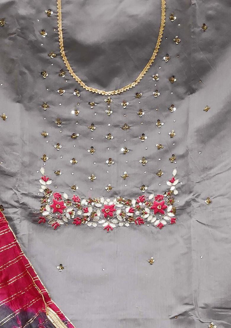 Grey Floral Embroidered Poly Blend Kurta Set